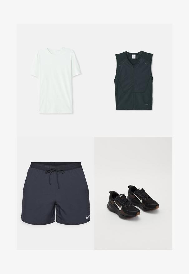 Crna bezrukava sportska majica s prednim zatvaračem, teksturiranim ramenima i reflektirajućim detaljima, izrađena od lagane i prozračne tkanine.; Svijetlo mint zelena majica kratkih rukava izrađena od mekog materijala. Ima okrugli vrat i jednostavan, ravni kroj bez ukrasa.; Nike trkačke kratke hlače, tamno siva, elastični pojas s vezicom, bočne džepove, lagani materijal, s bijelim Nike logotipom na donjem rubu.; Crne atletske tenisice s prozračnom mrežastom gornjom površinom, bijelim Nike potpisom, teksturiranim potplatom i kontrastnim smešnim detaljima. Imaju ojačan petni deo.