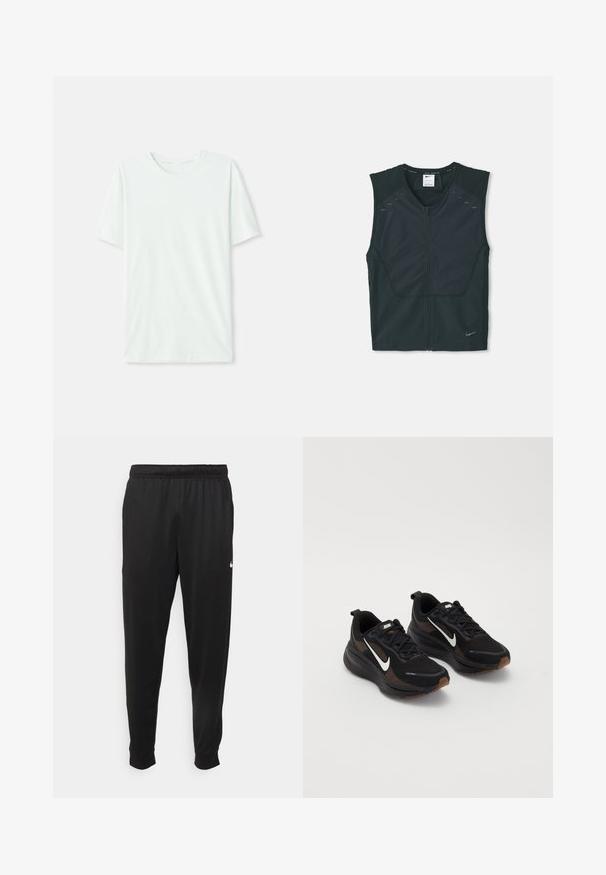 Colete atlético sem mangas preto com fecho na frente, ombros texturizados e detalhes refletivos, feito de um tecido leve e respirável.; T-shirt curto de manga curta em verde menta claro, feito de tecido suave. Apresenta um decote redondo e um corte simples e reto, sem adornos.; Calças de desporto pretas feitas de tecido suave, com uma cintura elástica, pernas ajustadas e um pequeno logo branco no lado esquerdo.; Tênis atléticos pretos com parte superior em malha respirável, logo da Nike em branco, sola texturizada e detalhes contrastantes em marrom. Inclui calcanhar reforçado.