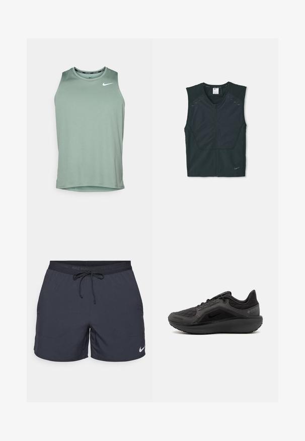 Zwart mouwloos sportvest met een rits aan de voorkant, textuur op de schouders en reflecterende accenten, gemaakt van lichte, ademende stof.; Nike Performance MILER TANK - Top - clay green/reflective silver-coloured; Nike hardloopshorts, donkergrijs, elastische tailleband met trekkoord, zijzakken, lichtgewicht stof, met een wit Nike-logo op de onderste zoom.; Zwarte sportieve schoen met een gestructureerde, gewatteerde bovenkant, slank ontwerp en zwarte rubberen zool. Voorzien van een zichtbaar logo en Gore-Tex branding.
