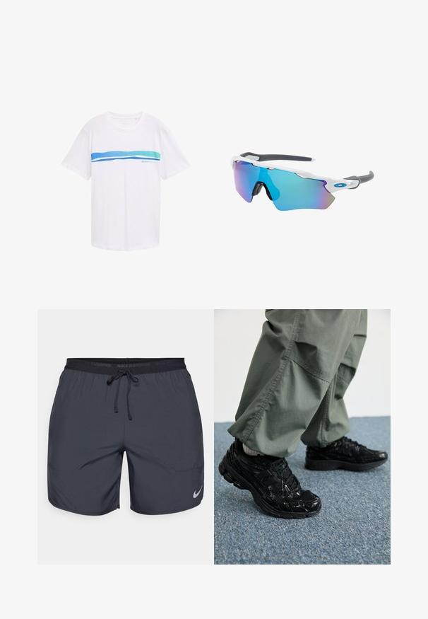 Zwart mouwloos sportvest met een rits aan de voorkant, textuur op de schouders en reflecterende accenten, gemaakt van lichte, ademende stof.; Witte T-shirt met korte mouwen met een blauwe en turquoise horizontale streep over de borst, met een klein logo aan de onderkant links.; Nike hardloopshorts in donkergrijs, met een elastische tailleband en een trekkoord, en een zilveren logo-accent op de onderkant van het rechterbeen.; Zwarte sport sneakers met glanzende en mesh texturen, voorzien van een dikke zool en veters, gecombineerd met losse olijfgroene cargobroeken.; Zonnebril met een wit frame, grijze accenten en blauwe spiegelglazen. Sportief ontwerp, omhulde vorm en verstelbare neuspads.
