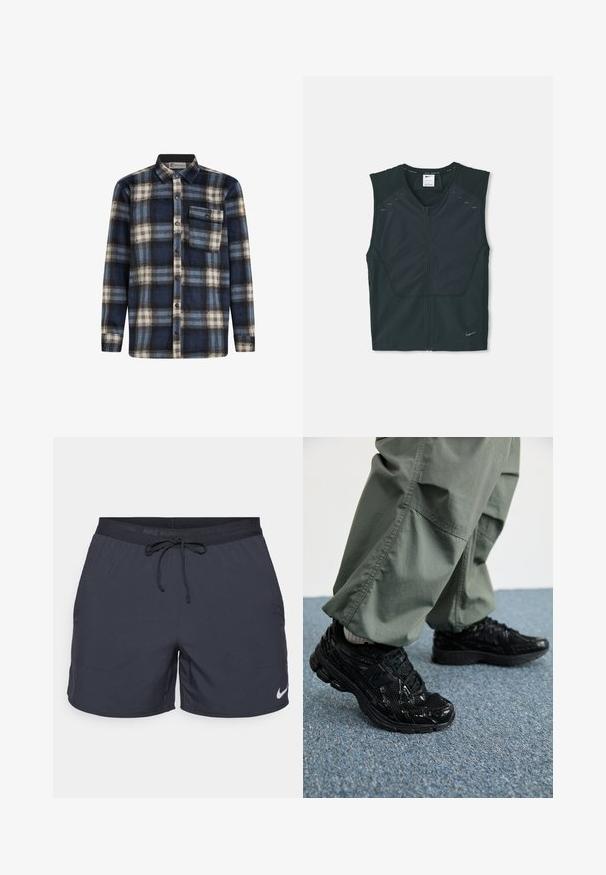 Chaleco atlético negro sin mangas con cremallera frontal, con hombros texturizados y detalles reflectantes, fabricado en un tejido ligero y transpirable.; Camisa de franela a cuadros en azul, negro y blanco; cuenta con cierre de botones en la parte frontal, cuello y bolsillo en el pecho con detalle de botón.; Pantalones cortos de running de Nike, color gris oscuro, con cintura elástica y cordón de ajuste, bolsillos laterales, tejido ligero, con un logo blanco de Nike en el dobladillo inferior.; Zapatillas deportivas negras con texturas brillantes y de malla, que presentan una suela gruesa y cordones, combinadas con pantalones cargo holgados de color verde oliva.