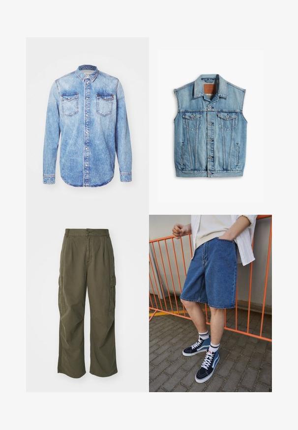 Gilet in denim di colore azzurro chiaro, con collo, design senza maniche, chiusura con bottoni e due tasche anteriori con patta e dettagli in bottone.; Camicia in denim blu chiaro con maniche lunghe, colletto button-down, due tasche sul petto e cuciture a contrasto. Orlo arrotondato e vestibilità classica.; T-shirt bianca a maniche lunghe realizzata in cotone. Design con collo rotondo, polsini a costine e un piccolo logo sulla manica sinistra. Texture liscia.; Pantaloni cargo in verde oliva, realizzati in cotone, con un design a gamba larga, pieghe e tasche laterali per utilità.; Shorts di jeans blu, lunghezza ginocchio con una tasca frontale. Abbinati a sneaker alte navy e blu, con lacci bianchi e calze a righe.