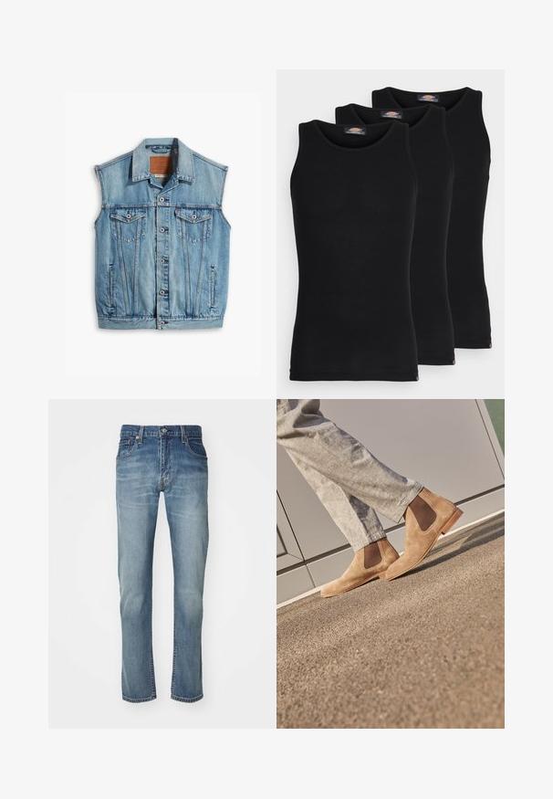 Denim prsluk svijetloplave boje, s ovratnikom, bez rukava, zatvaranjem na gumbe i dva prednja džepa s preklopima i gumbima.; Crne majice na naramenice u pakiranju od tri komada. Rebrasta tekstura, standardni okrugli izrez, bez rukava. Rub sadrži mali logo brenda na dnu.; Plave traperice ravnog kroja s izblijedjelim pranjem, pet džepova i metalnim kopčanjem na struku.; Smeđe nubuk Chelsea čizme s elastičnim bočnim panelima i glatkim svijetlosmeđim gumenenim potplatom, uparenim s svijetlosivim hlačama na teksturiranoj površini.