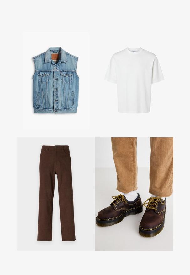 Gaiši zila džinsu veste ar apkakli, bezpiedurkņu dizainu, pogu aizdari un divām priekšējām kabatām ar vāku un pogu akcentiem.; Balts kokvilnas T-krekls ar īsām piedurknēm, apaļu kakla izgriezumu un brīvu piegriezumu. Gluda tekstūra bez redzamām rakstu vai akcentu detaļām.; Bordo korduroja bikses ar taisnu piegriezumu, ar pogu un rāvējslēdzēju, divām priekšējām kabatām un teksturētu ribu rakstu.; Brūni ādas apavi ar dzelteniem diegiem, apaļa purngala forma, bieza platforma un kontrastējoši melni akcenti. Valkāti ar baltām zeķēm un kordūrām.