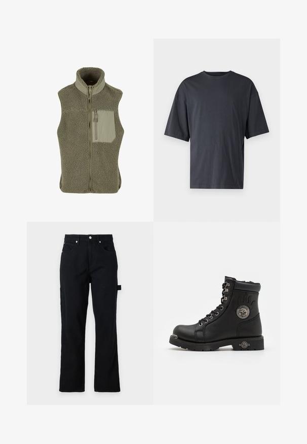 Kamizelka polarowa w oliwkowym kolorze z wysokim kołnierzem, zamkiem błyskawicznym z przodu oraz jedną kieszenią na piersi z zamkiem. Cechuje się teksturowanym, miękkim materiałem.; Ciemnoszara koszulka z krótkim rękawem wykonana z lekkiej bawełny, posiadająca luźny krój i klasyczny okrągły dekolt, o gładkiej fakturze i bez wzorów.; Czarne dżinsowe spodnie o prostym kroju nogawki, z przednimi kieszeniami i tylnymi kieszeniami naszytymi. Posiadają srebrne elementy wykończeniowe oraz boczny detal z pętelką dla lepszej funkcjonalności.; Czarne skórzane botki za kostkę z wyściełanym kołnierzem, metalowymi oczkami, logo czaszki i solidną gumową podeszwą. Posiadają wzmocniony nos i piętę.