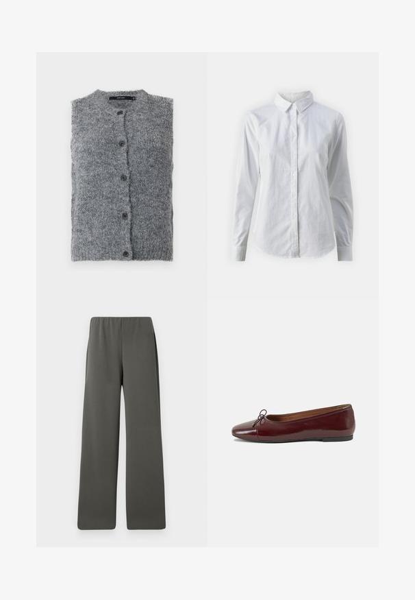 Gilet en tricot gris avec un col montant, fermeture à l'avant par des boutons, et cinq boutons noirs, présentant un tissu texturé et doux.; Chemise blanche à manches longues en coton lisse, dotée d'un col classique et d'un ourlet arrondi. Les boutons sont petits et blancs.; Pantalons larges taille haute gris foncé avec une ceinture élastique, posés à plat sur un fond blanc.; Ballerines en cuir verni bordeaux avec un bout rond, un petit nœud décoratif à l'avant et une semelle en caoutchouc noire basse. Texture lisse.