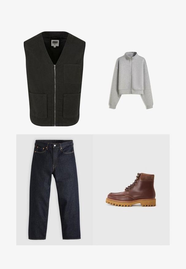 Czarna bezrękawnik z organicznej bawełny, z dekoltem w serek, przednim zapięciem na zamek i dwoma bocznymi kieszeniami. Minimalistyczny design.; Przycięta szara bluza z zamkiem błyskawicznym, z wysokim kołnierzem, długimi rękawami i ściągaczami. Wykonana z miękkiego, lekkiego materiału o gładkiej fakturze.; Biała koszulka dopasowana z bawełny. Okrągły dekolt, krótkie rękawy, gładka faktura. Mała czarna metka z logo na dole. Prosty design.; Granatowe dżinsy w prostym kroju, z pięcioma kieszeniami, kontrastującymi pomarańczowymi szwami oraz zapięciem na guzik. Brak widocznych wzorów lub zdobień.; Brązowe skórzane kozaki za kostkę z zamszowymi akcentami, okrągłym noskiem i teksturowaną gumową podeszwą. Posiadają metalowe oczka i płaskie sznurowadła.