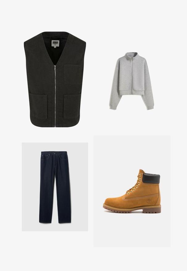 Črn brezrokavnik iz organskega bombaža z V-izrezom, sprednjim zadrgo in dvema stranskima žepoma. Minimalističen dizajn.; Kratka siva zip-up kapuca s visokim ovratnikom, dugim rukavima i rebrastim manžetama. Izrađena od mekog, laganog materijala s glatkom teksturom.; Bela majica oprijetog kroja izrađena od pamuka. Okrugli izrez, kratki rukavi, glatka tekstura. Mala crna oznaka na rubu. Jednostavan dizajn.; Temno modri naravnost krojeni kavbojke z zasnovo petih žepov, zapiranjem na gumb in vidnim šivom na enostavni svetli podlagi.; Svetlo rjave anklne čizme iz semiša z črnim oblazinjenim ovratnikom, zlatimi kovinskimi očesci, belimi šivi in robustnim gumijastim podplatom s izrazitimi tredi.