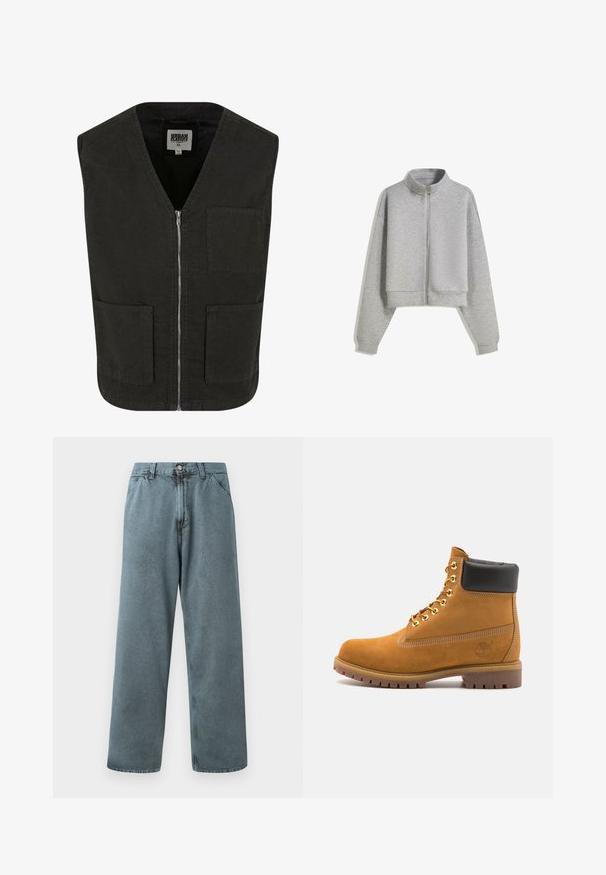Černá bezrukávová vesta vyrobená z organické bavlny, s výstřihem do V, předním zipovým zapínáním a dvěma bočními kapsami. Minimalistický design.; Zkrácená šedá mikina na zip s vysokým límcem, dlouhými rukávy a žebrovanými manžetami. Vyrobena z měkkého, lehkého materiálu s hladkou texturou.; Bílá tričko s těsným střihem vyrobené z bavlny. Kolečkový výstřih, krátké rukávy, hladká textura. Malá černá visačka s logem na lemu. Jednoduchý design.; Světlé modré džínové kalhoty s rovnými nohavicemi, které mají klasické zapínání na knoflík a design s pěti kapsami. Měkká textura a minimální detaily šití.; Hnědé semišové kotníkové boty s černým polstrovaným límcem, zlatými kovovými očky, bílým prošíváním a odolnou gumovou podrážkou s výraznými drážkami.
