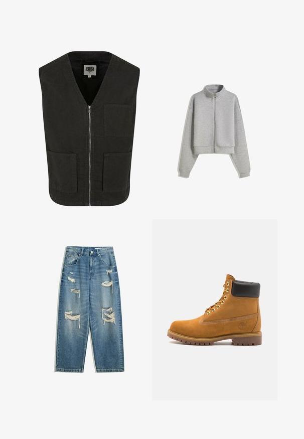 Černá bezrukávová vesta vyrobená z organické bavlny, s výstřihem do V, předním zipovým zapínáním a dvěma bočními kapsami. Minimalistický design.; Zkrácená šedá mikina na zip s vysokým límcem, dlouhými rukávy a žebrovanými manžetami. Vyrobena z měkkého, lehkého materiálu s hladkou texturou.; Bílá tričko s těsným střihem vyrobené z bavlny. Kolečkový výstřih, krátké rukávy, hladká textura. Malá černá visačka s logem na lemu. Jednoduchý design.; Modré dżínové kalhoty s několika velkými vybledlými a roztrženými oblastmi na předních stehnech a kolenech, rovný střih a klasický pětisíťový design.; Hnědé semišové kotníkové boty s černým polstrovaným límcem, zlatými kovovými očky, bílým prošíváním a odolnou gumovou podrážkou s výraznými drážkami.