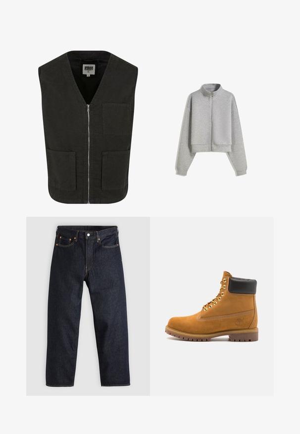 Gilet senza maniche nero realizzato in cotone biologico, con scollatura a V, chiusura con zip frontale e due tasche laterali. Design minimalista.; Felpa grigia corti con zip e colletto alto, maniche lunghe e polsini a costine. Realizzata in un materiale morbido e leggero con una texture liscia.; T-shirt bianco attillato in cotone. Collo rotondo, maniche corte, texture liscia. Piccola etichetta nera al fondo. Design semplice.; Jeans in denim blu scuro con taglio dritto, cinque tasche, cuciture arancioni a contrasto e chiusura con bottone. Nessun motivo o decorazione visibile.; Stivale alla caviglia in suede tan con collare imbottito nero, occhielli in metallo dorato, dettagli in cucitura bianca e suola in gomma robusta con battistrada pronunciato.