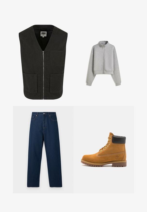 Fekete ujjatlan mellény, organikus pamutból készült, V-nyakkal, elöl cipzárral, és két oldalsó zsebből áll. Minimalista dizájn.; Rövidített szürke zipzáros pulóver magas gallérral, hosszú ujjal és bordás mandzsettákkal. Puha, könnyű anyagból készült, sima textúrával.; Fehér, izmos szabású póló, tiszta pamutból készült. Kerek nyak, rövid ujjú, sima tapintású. Kis fekete logó címke az alsó szegélyen. Egyszerű dizájn.; Sötétkék farmernadrág egyenes szabással, öt zsebbel és gombos záródással. Kontrasztos varrással és klasszikus derékkal rendelkezik.; Barna velúr bokacipő fekete párnázott gallérral, arany fém fűzőlyukakkal, fehér varrási részletekkel és durva gumitalppal, amelynek kifejezett barázdái vannak.