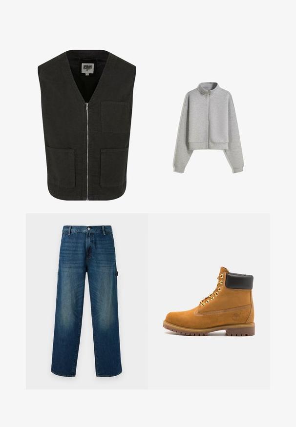 Czarna bezrękawnik z organicznej bawełny, z dekoltem w serek, przednim zapięciem na zamek i dwoma bocznymi kieszeniami. Minimalistyczny design.; Przycięta szara bluza z zamkiem błyskawicznym, z wysokim kołnierzem, długimi rękawami i ściągaczami. Wykonana z miękkiego, lekkiego materiału o gładkiej fakturze.; Biała koszulka dopasowana z bawełny. Okrągły dekolt, krótkie rękawy, gładka faktura. Mała czarna metka z logo na dole. Prosty design.; Szerokie niebieskie dżinsy z wyblakłymi akcentami, z tradycyjnym zapięciem na guzik i zamek błyskawiczny oraz kieszenią po lewej stronie.; Beżowe zamszowe botki sięgające kostki z czarną wyściełaną krawędzią, złotymi oczkami, białymi detalami szycia oraz wytrzymałą gumową podeszwą z wyraźnym bieżnikiem.