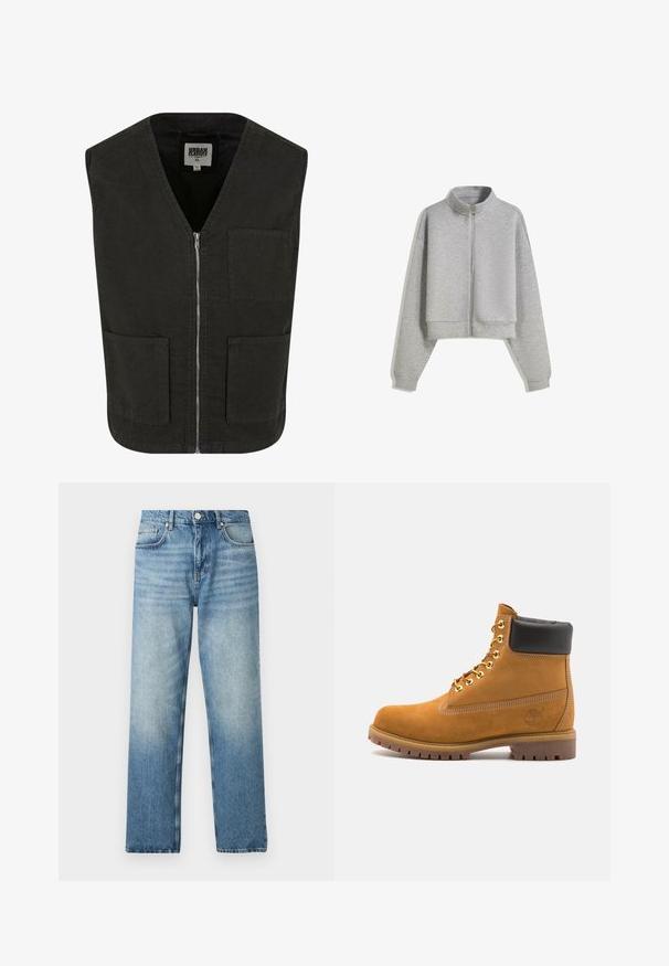 Crni bezrukavnik od organskog pamuka, s V-izrezom, prednjim patentnim zatvaračem i dva bočna džepa. Minimalistički dizajn.; Skraćeni sivi dukserica na zatvaranje s visokim ovratnikom, dugim rukavima i rebrastim manžetama. Izrađena od mekanog, laganog materijala s glatkom teksturom.; Bijela majica uskog kroja od pamuka. Okrugli izrez, kratki rukavi, glatka tekstura. Mali crni logo na rubu. Jednostavan dizajn.; Svijetloplave traperice ravnog kroja, s kopčanjem na gumb, pet džepova i suptilnim izblijeđenjem blizu rubova. Ravna tekstura.; Antracitne antilop čizme do gležnjeva s crnim podstavljenim ovratnikom, zlatnim metalnim rupicama, bijelim šavovima i robusnom gumenom potplatom s izraženim šarama.