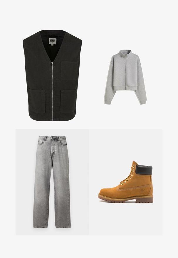 Zwarte mouwloze vest gemaakt van biologisch katoen, met een V-hals, een ritssluiting aan de voorkant en twee zijzakken. Minimalistisch ontwerp.; Korte grijze zip-up sweatshirt met een hoge kraag, lange mouwen en geribbelde manchetten. Gemaakt van zacht, lichtgewicht materiaal met een gladde textuur.; Witte t-shirt met korte mouwen, gemaakt van katoen, met een ronde halslijn en een relaxte pasvorm. Gladde textuur, zonder zichtbare patronen of accenten.; Grijze wijde spijkerbroek van denim. Heeft een hoge taille, vijf zakken en een knoop- en ritssluiting. Subtiele vervaging over de stof.; Tan suède enkelboot met zwart gevoerd kraagje, gouden metalen oogjes, witte stikdetails en een robuuste rubberen zool met uitgesproken profiel.