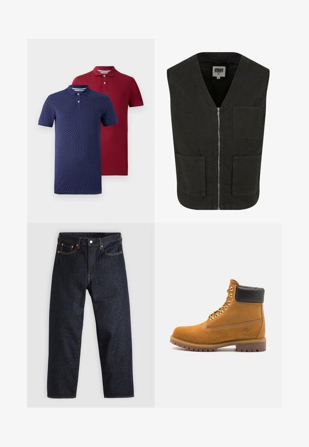 Schwarze ärmellose Weste aus Bio-Baumwolle mit V-Ausschnitt, vorderem Reißverschluss und zwei Seitentaschen. Minimalistisches Design.; Gecropter grauer Zip-Hoodie mit hohem Kragen, langen Ärmeln und gerippten Bündchen. Hergestellt aus weichem, leichtem Material mit einer glatten Textur.; Zwei kurzärmelige Poloshirts, eines in dunkelroter einfarbiger Ausführung und eines in marineblau mit vertikalem weißen Punktmuster, beide mit Knopfleisten und Kragen.; Dunkelblaue Jeans aus Denim mit geradem Schnitt, fünf Taschen, kontrastierenden orangen Nähten und einem Knopfverschluss. Keine sichtbaren Muster oder Verzierungen.; Beige Wildleder-Ankle-Boot mit schwarzem gepolstertem Kragen, goldenen Metallösen, weißen Nähdetalben und einer robusten Gummisohle mit ausgeprägtem Profil.