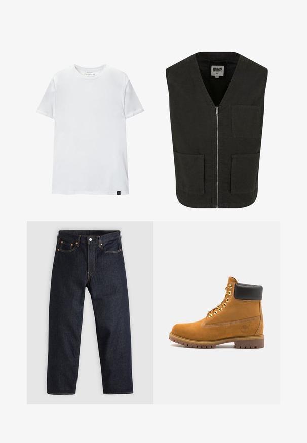Črn brezrokavnik iz organskega bombaža z V-izrezom, sprednjim zadrgo in dvema stranskima žepoma. Minimalističen dizajn.; Kratka siva zip-up kapuca s visokim ovratnikom, dugim rukavima i rebrastim manžetama. Izrađena od mekog, laganog materijala s glatkom teksturom.; Bela majica oprijetog kroja izrađena od pamuka. Okrugli izrez, kratki rukavi, glatka tekstura. Mala crna oznaka na rubu. Jednostavan dizajn.; Temno modri kavbojki s ravnim krojem, petimi žepi, kontrastnim oranžnim šivom in gumbom za zapiranje. Brez vidnih vzorcev ali okraskov.; Svetlo rjave anklne čizme iz semiša z črnim oblazinjenim ovratnikom, zlatimi kovinskimi očesci, belimi šivi in robustnim gumijastim podplatom s izrazitimi tredi.