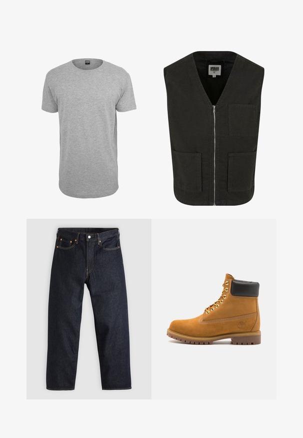 Sort ærmeløs vest lavet af økologisk bomuld, med V-hals, lynlåslukning foran og to sidelommer. Minimalistisk design.; Afklippet grå zip-sweatshirt med høj krave, lange ærmer og ribbede manchetter. Fremstillet af blødt, let materiale med en glat tekstur.; Grå bomulds T-shirt med rund hals, korte ærmer, lige kant og en blød tekstur; minimal branding synlig ved halsudskæringen.; Mørkeblå denimjeans med lige pasform, fem lommer, kontrasterende orange syning og knaplukning. Ingen synlige mønstre eller udsmykninger.; Tan nubuck ankelstøvle med sort polstret krave, gyldne metaløjer, hvid syning detaljer og robust gummisål med udtalte slidbaner.