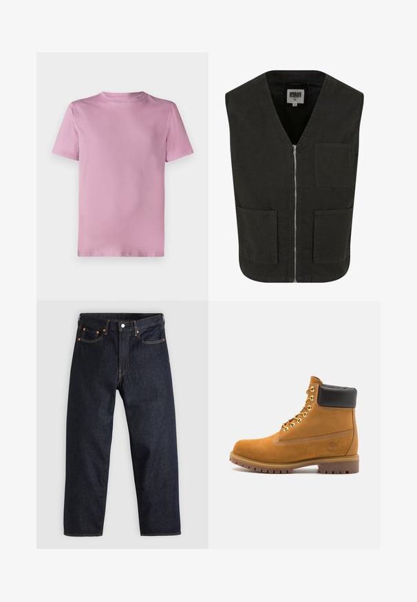 Vest negru fără mâneci, confecționat din bumbac organic, cu decolteu în V, închidere cu fermoar în față și două buzunare laterale. Design minimal.; Hanorac scurt gri cu fermoar, guler înalt, mâneci lungi și manșoane ribbate. Fabricat dintr-un material moale, ușor, cu o textură netedă.; Cămașă din bumbac roz, cu guler rotund, mâneci scurte și o textură netedă. Design simplu, fără accesorii, fără logo-uri sau modele.; Jeans de denim albastru închis, cu croială dreaptă, cinci buzunare, cusături contrastante de portocaliu și fermoar cu buton. Fără modele sau embellishments vizibile.; Cizmă de gleznă din întoarsă de culoare bej, cu guler negru căptușit, ochiuri din metal auriu, detalii de cusătură albă și talpă din cauciuc robustă, cu un model pronunțat.