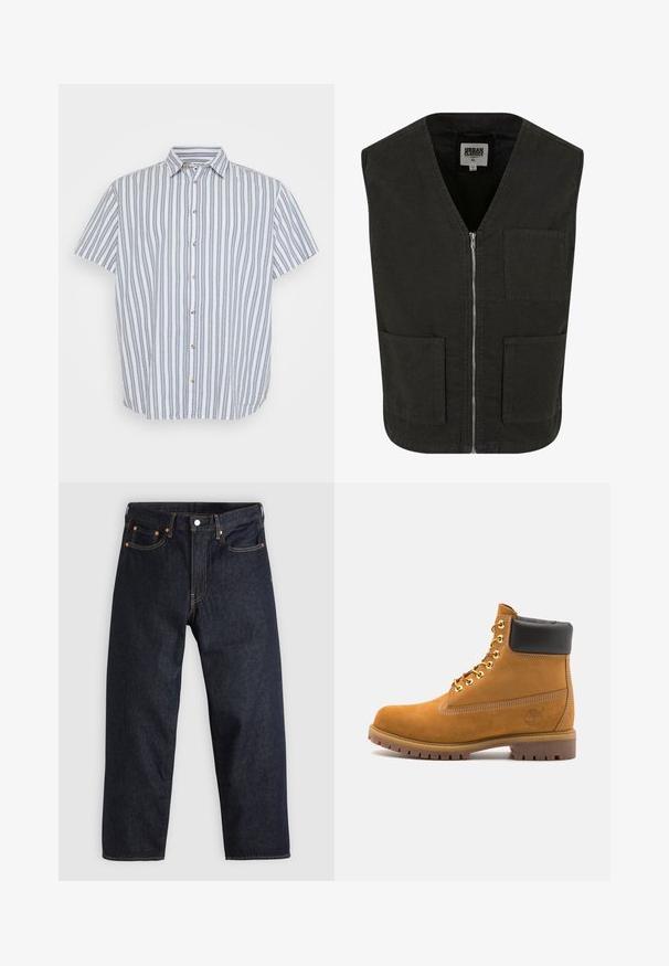 Vest negru fără mâneci, confecționat din bumbac organic, cu decolteu în V, închidere cu fermoar în față și două buzunare laterale. Design minimal.; Cămașă cu mânecă scurtă, albă, cu dungi verticale albastre. Dispune de un guler clasic și nasturi din lemn pe față.; Jeans de denim albastru închis, cu croială dreaptă, cinci buzunare, cusături contrastante de portocaliu și fermoar cu buton. Fără modele sau embellishments vizibile.; Cizmă de gleznă din întoarsă de culoare bej, cu guler negru căptușit, ochiuri din metal auriu, detalii de cusătură albă și talpă din cauciuc robustă, cu un model pronunțat.