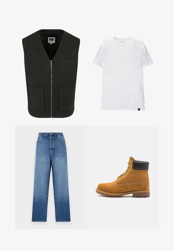 Vest negru fără mâneci, confecționat din bumbac organic, cu decolteu în V, închidere cu fermoar în față și două buzunare laterale. Design minimal.; Tricou alb, ajustat pe corp, din bumbac. Gât rotund, mâneci scurte, textură netedă. Etichetă mică de logo negru la margine. Design simplu.; Blugi din denim albastru cu talie înaltă, croială dreaptă, închidere cu nasture și cinci buzunare. Prezintă un finisaj uzat și detalii vizibile de coasere.; Cizmă de gleznă din întoarsă de culoare bej, cu guler negru căptușit, ochiuri din metal auriu, detalii de cusătură albă și talpă din cauciuc robustă, cu un model pronunțat.