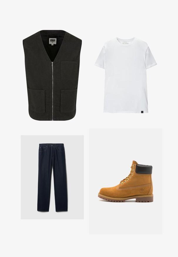 Crni bezrukavnik od organskog pamuka, s V-izrezom, prednjim patentnim zatvaračem i dva bočna džepa. Minimalistički dizajn.; Bijela majica uskog kroja od pamuka. Okrugli izrez, kratki rukavi, glatka tekstura. Mali crni logo na rubu. Jednostavan dizajn.; Tamno plave traperice ravnog kroja s pet džepova, zakvačene na dugme i vidljivim šavovima na jednostavnoj svetloj pozadini.; Antracitne antilop čizme do gležnjeva s crnim podstavljenim ovratnikom, zlatnim metalnim rupicama, bijelim šavovima i robusnom gumenom potplatom s izraženim šarama.