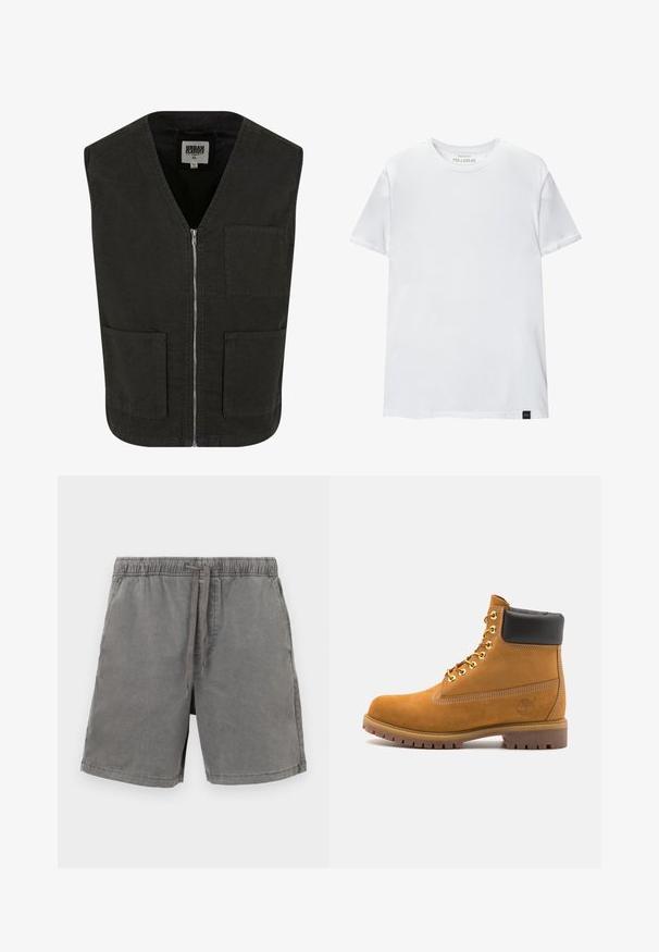 Black sleeveless vest made of organic cotton, featuring a V-neck, front zip closure, and two side pockets. Minimalistic design.; White muscle fit t-shirt made of cotton. Round neck, short sleeves, smooth texture. Small black logo tag at the hem. Plain design.; Gray cotton shorts featuring an elastic waistband with a cord, straight cut, and single side pockets. Smooth texture and casual design.; Tan suede ankle boot with black padded collar, gold metal eyelets, white stitching detailing, and rugged rubber sole with pronounced treads.