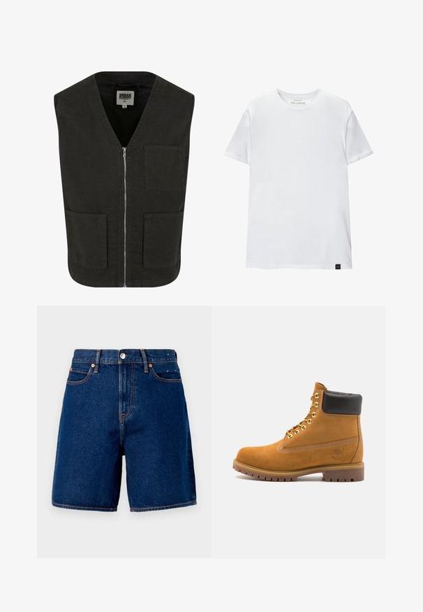 Černá bezrukávová vesta vyrobená z organické bavlny, s výstřihem do V, předním zipovým zapínáním a dvěma bočními kapsami. Minimalistický design.; Bílá tričko s těsným střihem vyrobené z bavlny. Kolečkový výstřih, krátké rukávy, hladká textura. Malá černá visačka s logem na lemu. Jednoduchý design.; Tmavě modré denimové šortky se středním pasem, pěti kapsami, měděnými kovovými doplňky a kontrastním oranžovým prošíváním.; Hnědé semišové kotníkové boty s černým polstrovaným límcem, zlatými kovovými očky, bílým prošíváním a odolnou gumovou podrážkou s výraznými drážkami.