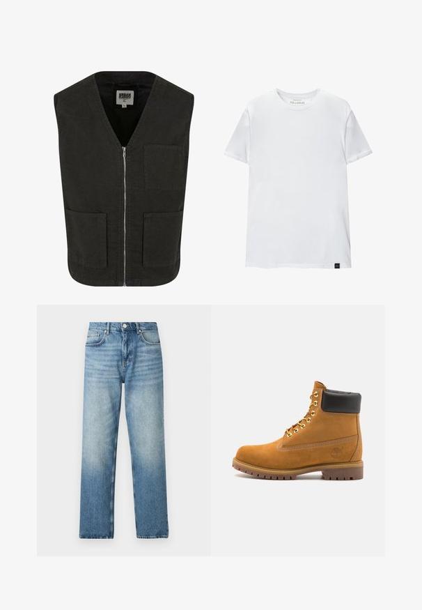 Gilet sans manches noir en coton bio, avec un col en V, une fermeture éclair à l'avant et deux poches latérales. Design minimaliste.; T-shirt ajusté blanc en coton. Col rond, manches courtes, texture lisse. Petite étiquette noire au bas. Design sobre.; Jean en denim bleu clair à coupe droite, avec une fermeture à bouton, cinq poches, et un léger délavage près de l'ourlet. Texture plate.; Bottine en daim beige avec un col rembourré noir, œillets en métal doré, détails de surpiqûres blanches et semelle en caoutchouc robuste avec des crampons prononcés.