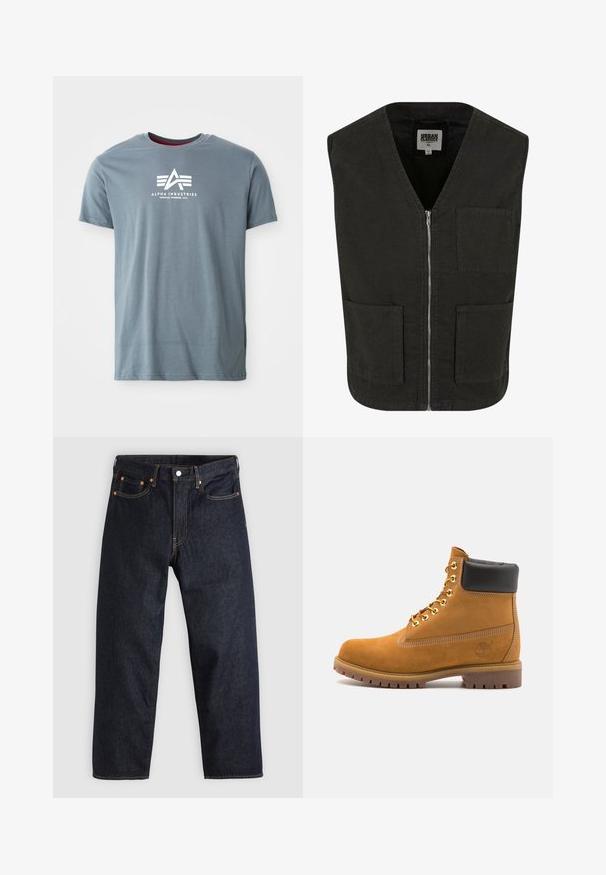 Must rõngas ilma varrukateta vest, mis on valmistatud orgaanilisest puuvillast, V-kaelusega, ees lukuga ja kahe küljetaskuga. Minimalistlik disain.; Hallis hallide tee, millel on ümmargune kaelus ja lühikesed varrukad. Esiküljel on valge logo kolmnurkse kujundusega ja tekstiga.; Tumedad sinised teksad sirge lõikega, viie taskuga, kontrastsete oranžide õmblustega ja nööpide kinnitusega. Ilma nähtavate mustrite või kaunistusteta.; Küpset tan suede sääreboot musta pehmea kraega, kuldsed metallist silmad, valge õmblemise detailid ja robustne kummist tallaga, millel on väljendunud mustrid.