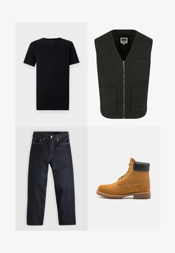 Fekete ujjatlan mellény, organikus pamutból készült, V-nyakkal, elöl cipzárral, és két oldalsó zsebből áll. Minimalista dizájn.; Fekete pamut póló rövid ujjakkal, kerek nyakkal, bal mellrészen egy kis, diszkrét logóval, amely a póló árnyalatával megegyező színű.; Sötétkék farmernadrág egyenes szabással, öt zsebbel, kontrasztos narancssárga varrással és gombos záródással. Nem látható rajta mintázat vagy díszítés.; Barna velúr bokacipő fekete párnázott gallérral, arany fém fűzőlyukakkal, fehér varrási részletekkel és durva gumitalppal, amelynek kifejezett barázdái vannak.