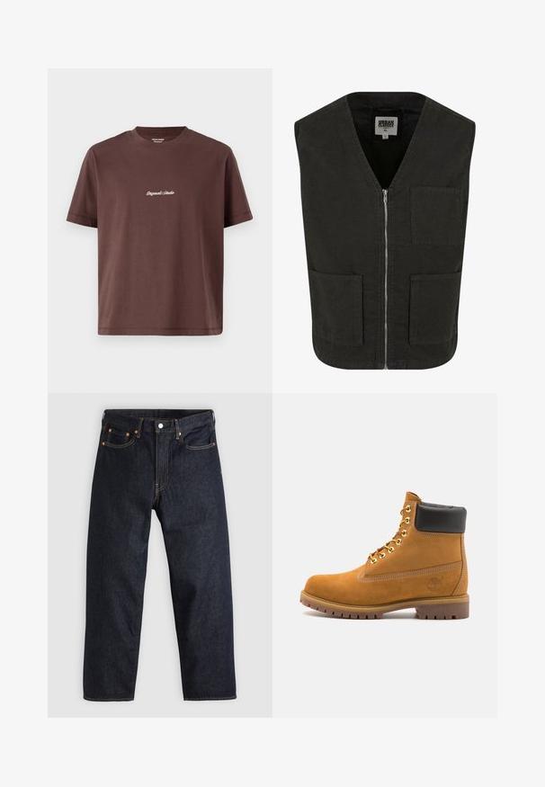 Črn brezrokavnik iz organskega bombaža z V-izrezom, sprednjim zadrgo in dvema stranskima žepoma. Minimalističen dizajn.; Rjava bombažna majica s kratkimi rokavi in krožnim izrezom. Ima kratke rokave in osrednji vezeni napis "Original Studio" v beli barvi.; Temno modri kavbojki s ravnim krojem, petimi žepi, kontrastnim oranžnim šivom in gumbom za zapiranje. Brez vidnih vzorcev ali okraskov.; Svetlo rjave anklne čizme iz semiša z črnim oblazinjenim ovratnikom, zlatimi kovinskimi očesci, belimi šivi in robustnim gumijastim podplatom s izrazitimi tredi.
