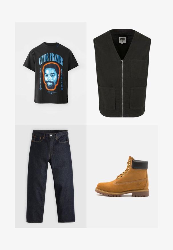 Crni bezrukavnik od organskog pamuka, s V-izrezom, prednjim patentnim zatvaračem i dva bočna džepa. Minimalistički dizajn.; Crna pamučna majica s grafikom lica Clydea Fraziera, obrubljenom narančastom bojom, s plavim tekstom "SWISHING" i "DISHING."; Tamno plave traperice ravnog kroja, s pet džepova, kontrastnim narančastim šavovima i dugmetom za zatvaranje. Nema vidljivih uzoraka ili ukrasa.; Antracitne antilop čizme do gležnjeva s crnim podstavljenim ovratnikom, zlatnim metalnim rupicama, bijelim šavovima i robusnom gumenom potplatom s izraženim šarama.