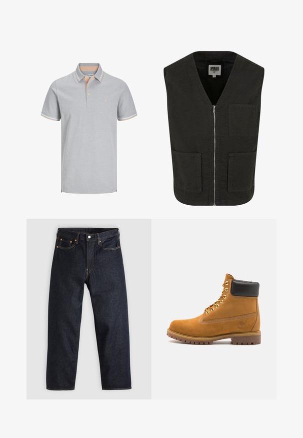 Čierny bezrukávový sveter vyrobený z organickej bavlny, s V-výstrihom, predným zipsom a dvoma bočnými vreckami. Minimalistický dizajn.; Svetlosivá polo tričko s golierom, zapínaním na dve gombíky a kontrastnými broskyňovými pruhmi na golieri a rukávoch. Jednoduchá loga ako akcent.; Tmavomodré džínsy s rovnými nohavicami, piatimi vreckami, kontrastným oranžovým prešívaním a gombíkovým zapínaním. Žiadne viditeľné vzory alebo ozdoby.; Tyrkysové semišové členkové topánky s čiernym polstrovaným golierom, zlatými kovovými očkami, bielym prešívaním a robustnou gumovou podrážkou s výraznými drážkami.