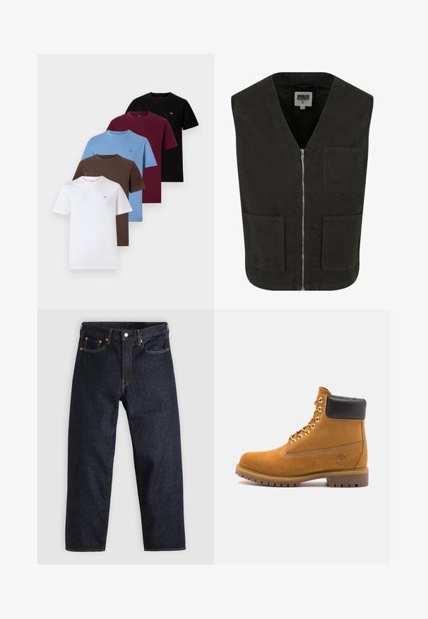 Musta hihaton liivi, joka on valmistettu luomupuuvillasta. Siinä on V-kaula-aukko, etuvetoketjusuljenta ja kaksi sivutaskua. Minimalistinen muotoilu.; Viisi lyhythihaista t-paitaa valkoisena, ruskeana, sinisenä, burgundina ja mustana. Puuvillamateriaali, pyöreät kaula-aukot ja pienet logo-aksentit jokaisessa.; Tummansinisiä farkkuja, joissa on suora leikkaus, viisi taskua, kontrastiväriset oranssit tikkaukset ja napitus. Ei näkyviä kuvioita tai koristeita.; Valkoinen nahkainen nilkkuri mustalla pehmustetulla kauluksella, kultaisilla metallisilla rei'illä, valkoisella ompeluksella ja jykevällä kumipohjalla, jossa on selvästi näkyvät urat.