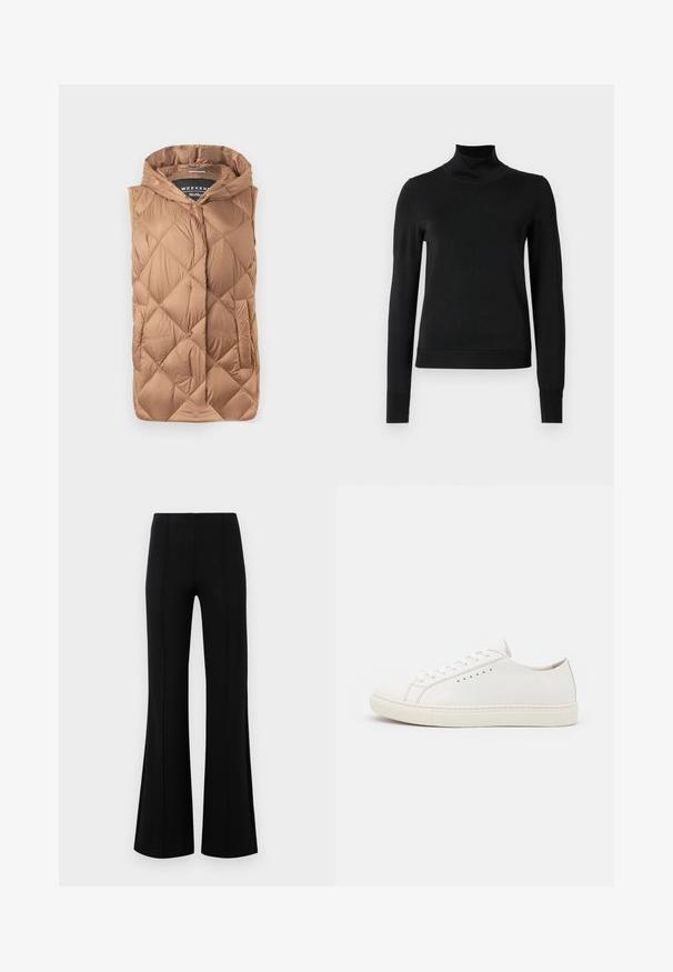 Gilet rembourré de couleur brun clair, avec un design matelassé texturé, une fermeture éclair sur le devant, une capuche et des poches latérales. Tissu lisse et brillant.; Pull à col roulé noir à manches longues avec des poignets et un ourlet côtelés, présenté sur un fond blanc uni.; Pantalons évasés noirs avec une taille haute, fabriqués en tissu extensible. Présente des détails de couture verticaux sur le devant et une texture lisse.; Baskets en cuir blanc avec une texture lisse, bout rond, œillets minimalistes et semelle plate en caoutchouc. Design simple sans accents supplémentaires.