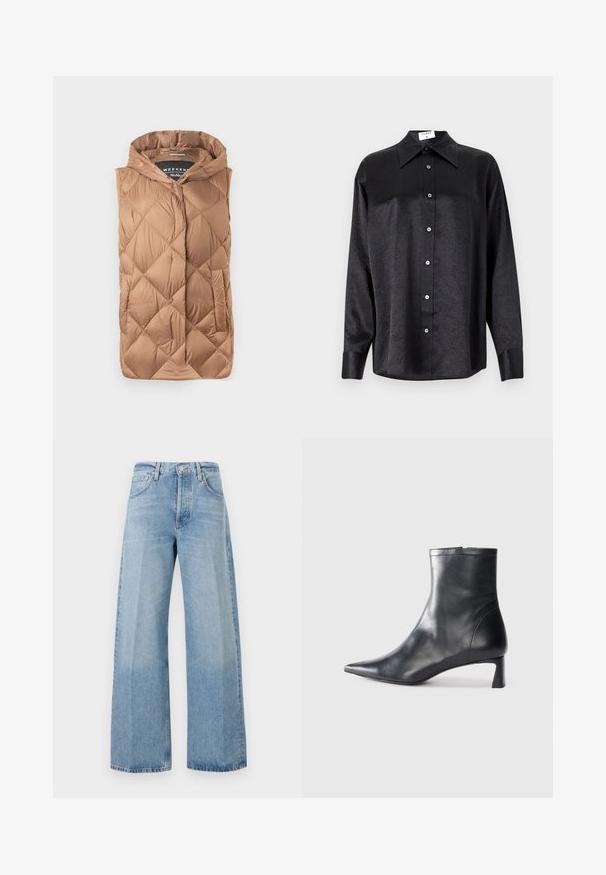 Puffer vest in a light brown color, featuring a textured quilted design, front zipper, hood, and side pockets. Smooth, shiny fabric.; Black long-sleeve shirt with a collared neckline, featuring a crinkled texture, full button front, and cuffs. Made from a smooth fabric.; Light blue wide-leg jeans made of denim, featuring a high waist, front pockets, and a slightly faded texture with frayed hems.; Black leather ankle boot with a pointed toe and a sleek design. Features a low heel and a zipper closure at the back. Smooth texture.