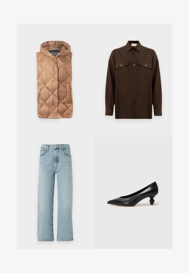 Puffedá vesta vo svetlo hnedej farbe s textúrovaným prešívaným dizajnom, predným zipsom, kapucňou a bočnými vreckami. Hladká, lesklá látka.; Tmavohnedá košeľa s dlhým rukávom, na gombíky, s dvoma vreckami na hrudi a klasickým golierom, umiestnená na jednoduchom bielom pozadí.; Svetlomodré rovné džínsy vyrobené z denimu, so zvýšeným pásom, predným zapínaním na gombík a jemným vyblednutím na látke.; Čierna kožená vysoká topánka na podpätku s ostrým špičkou a okrúhlym, guľatým podpätkom. Hladký povrch s moderným, minimalistickým dizajnom.