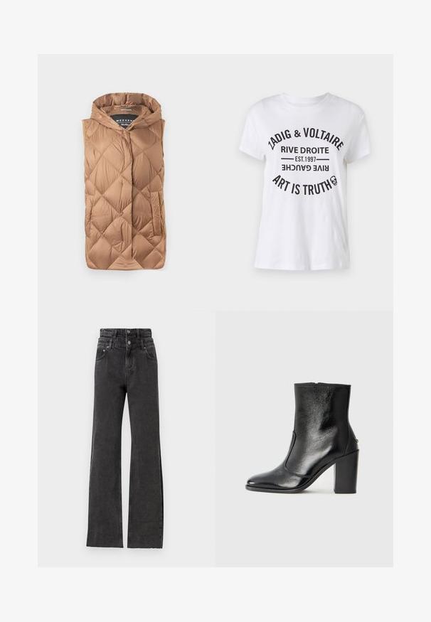 Prsni prsluk u svijetlosmeđoj boji, s teksturiranim kvadratnim dizajnom, prednjim zatvaračem, kapuljačom i bočnim džepovima. Glatka, sjajna tkanina.; Bijela pamučna majica s odvažnim crnim tekstom koji sadrži naziv branda, lokaciju, godinu osnivanja i slogan u kružnom rasporedu. Okrugli izrez.; Crne hlače visokog struka imaju ravne nogavice, suptilne oštećene detalje i metalne dugmadi na struku.; Crna kožna čizma do gležnjeva s glatkom teksturom, špicastim vrhom i debelim visokim potpeticama. Ima bočni otvor i minimalistički dizajn.