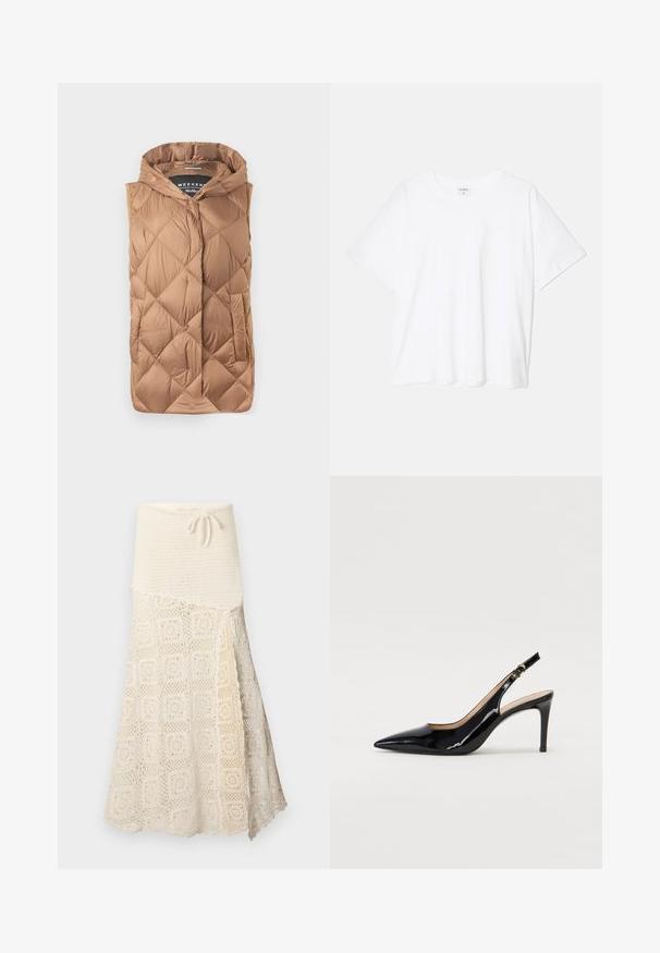 Colete leve na cor castanha clara, com um design original acolchoado, fecho na frente, capuz e bolsos laterais. Tecido liso e brilhante.; T-shirt de algodão branco com mangas curtas, decote redondo, corte descontraído e bainha cosida. Etiqueta visível no interior do pescoço.; Saia de crochê com uma parte superior texturizada em creme e uma seção inferior com um intricado padrão quadrado. Laço ajustável na cintura.; Sandal com salto em verniz preto, bico fino, salto esguio e um design de recorte subtil. Apresenta uma fivela dourada na alça.