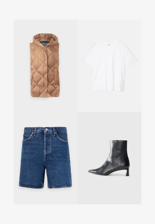 Puffer vest in a light brown color, featuring a textured quilted design, front zipper, hood, and side pockets. Smooth, shiny fabric.; White cotton t-shirt with short sleeves, round neckline, relaxed fit, and stitched hem. Label visible on the inside neck.; Denim shorts in dark blue with a classic cut, featuring five pockets, a button closure, and contrasting orange stitching details.; Black leather ankle boot with a pointed toe and a sleek design. Features a low heel and a zipper closure at the back. Smooth texture.