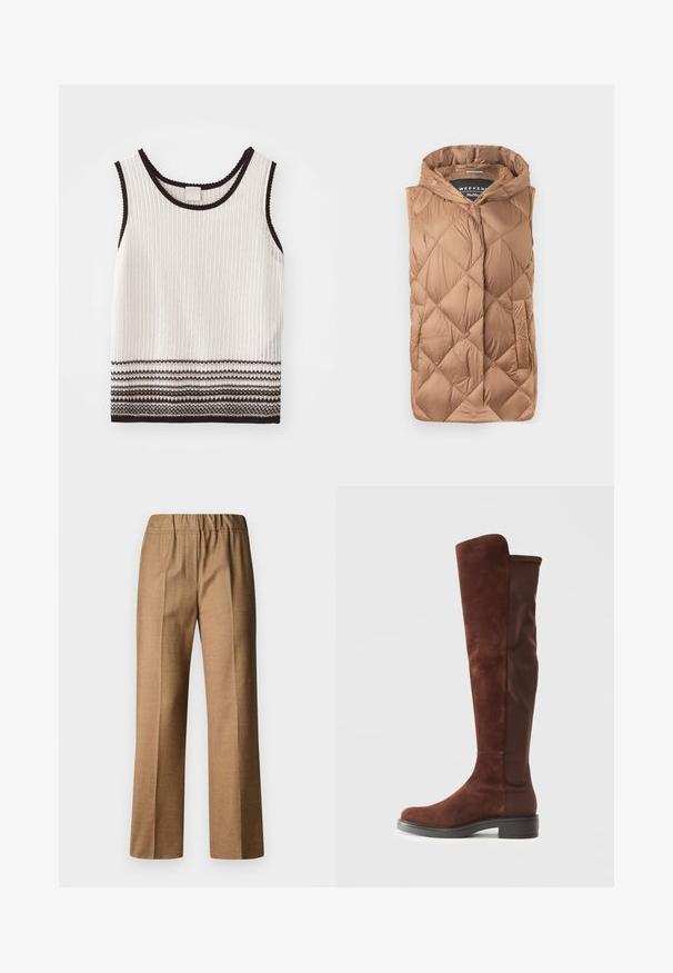 Puffer vest in a light brown color, featuring a textured quilted design, front zipper, hood, and side pockets. Smooth, shiny fabric.; White ribbed tank top with black trim and decorative horizontal stripes at the hem. Fabric appears textured and fitted.; Brown, textured trousers with a relaxed fit, featuring a wide leg and an elastic waistband. Tailored design with front pleats.; Tall brown suede and fabric boot with low black heel and rounded toe, shown in side view on plain white background.