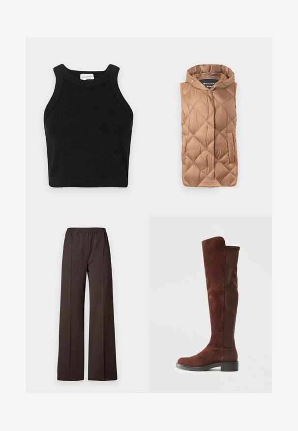 Vest puf în culoare bej deschis, cu un design texturat și matlasat, fermoar frontal, glugă și buzunare laterale. Material neted și lucios.; Top scurt negru cu nervuri, cu un design ajustat, bretele late pentru umeri și un detaliu subtil cu logo. Fabricat dintr-un material elastic pentru confort.; Pantaloni largi dintr-o țesătură maro închis cu un tiv elastic, având o textură netedă și linii curate pentru un aspect elegant.; Botă înaltă din suede și țesătură maro, cu toc negru jos și vârf rotund, prezentată dintr-o laterală pe un fundal alb simplu.