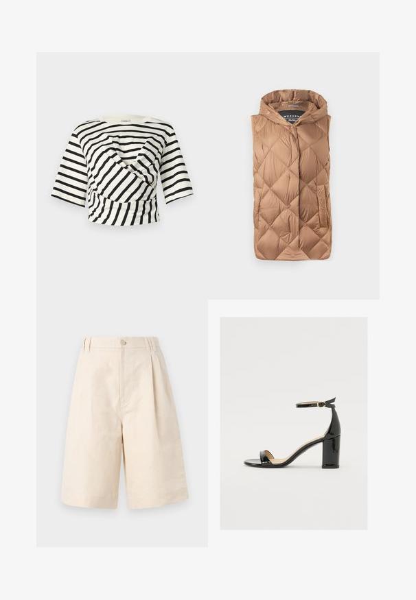 Kamizelka puchowa w jasnobrązowym kolorze, z fakturowanym pikowanym wzorem, zamek z przodu, kaptur i boczne kieszenie. Gładki, błyszczący materiał.; Baum und Pferdgarten JALYA czarny; Beżowe lniane szorty o luźnym kroju, z zapięciem na guzik, plisowanym designie i długości sięgającej kolan. Gładka tekstura i prosty styl.; Czarne sandały z lakierowanej skóry na szerokim obcasie, z otwartym czubkiem i paskiem na kostce z złotą klamrą. Gładka faktura i elegancki design.