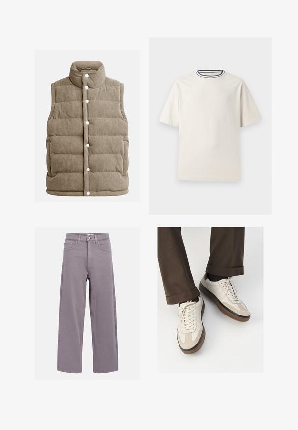 Beżowa kamizelka z korduroyu, pikowana, z wysokim kołnierzem, na zatrzaski, z bocznymi kieszeniami i pionowym prążkowanym wzorem.; Kremowa bawełniana koszulka z krótkim rękawem, z okrągłym dekoltem ozdobionym granatowymi i białymi paskami. Gładka tekstura, luźny krój.; Proste, lawendowo-szare dżinsy z kieszeniami z przodu i z tyłu, szlufkami na pasek oraz zapięciem na guzik w talii.; Beżowe sneakersy z teksturowanym zamszowym przodem, gładkimi skórzanymi bokami i brązową gumową podeszwą. Zawierają sznurówki oraz subtelne detale w dwóch kolorach.