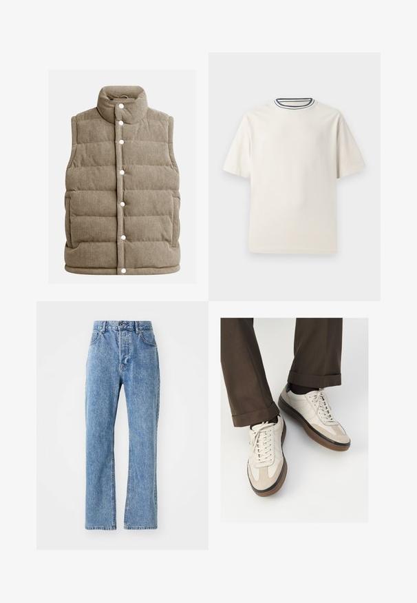 Vesta din corduroy bej, cu design matlasat, guler înalt, nasturi prin apăsare, cu buzunare laterale și textură cu nervuri verticale.; Tricou din bumbac de culoare crem, cu mâneci scurte, având un decolteu rotund accentuat cu dungi bleumarin și albe. Textură netedă, croi confortabil.; Jeans din denim de culoare albastru deschis, cu talie înaltă, design cu picioare largi, stil clasic cu cinci buzunare și o ușoară decolorare pe material.; Adidași bej cu un vârf din suede texturat, laterale din piele netedă și o talpă din cauciuc maro. Șireturile și detalii de cusătură subtilă incluse.