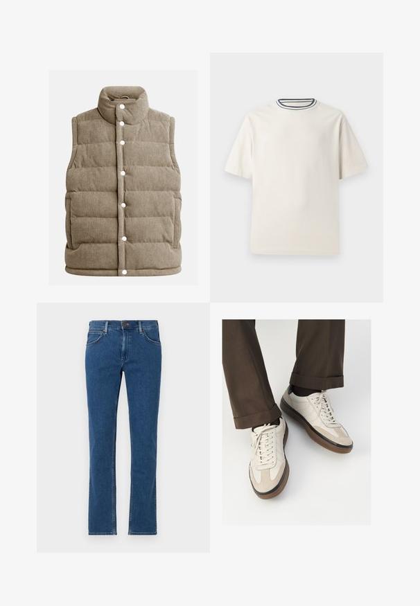 Beežist korduroy-vest, tikandiga disain, kõrge krae, nööbid, küljetaskud ja vertikaalne ribateksuur.; Kreemivärvi puuvillane T-särk lühikeste varrukatega, ümmarguse kaeluse ja mereteemalise sinise ja valge triibuga. Sile tekstuur, mugav lõike.; Tumedadırid sinine teksased, sirge sääre disain, viie taskuga stiil, nähtav heledam õmblus, tõmbluku ja nööbiga sulgemine.; Bežid spordijalised, millel on tekstuuriga suede esiosa, siledast nahast küljed ja pruun kummitald. Lisatud on paelad ja heledad õmbluse detailid.