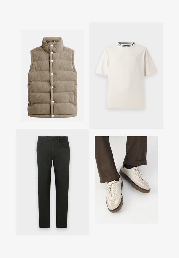 Vesta din corduroy bej, cu design matlasat, guler înalt, nasturi prin apăsare, cu buzunare laterale și textură cu nervuri verticale.; Tricou din bumbac de culoare crem, cu mâneci scurte, având un decolteu rotund accentuat cu dungi bleumarin și albe. Textură netedă, croi confortabil.; Pantaloni din bumbac verde închis, cu o croială slim. Prezintă un picior drept, buzunare frontale și închidere cu nasture. Textură netedă, detalii minime.; Adidași bej cu un vârf din suede texturat, laterale din piele netedă și o talpă din cauciuc maro. Șireturile și detalii de cusătură subtilă incluse.