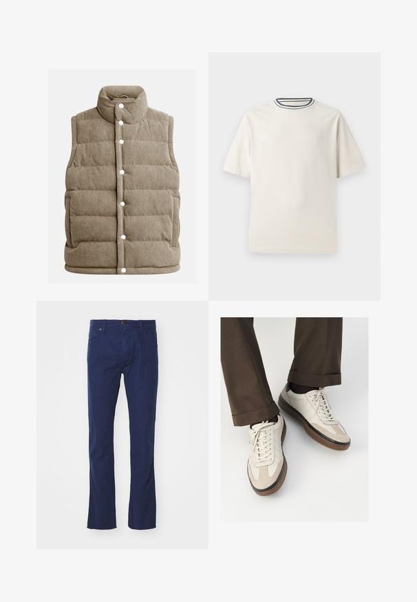 Bež žametni brezrokavnik, z voluminoznim dizajnom, visokim ovratnikom, gumbi na klik, z stranskimi žepi in navpično rebrasto teksturo.; Kremasta bombažna majica s kratkimi rokavi, z okroglim izrezom, okrašenim z mornarsko modrimi in belimi črtami. Gladka tekstura, sproščen kroj.; Modre bombažne hlače s ravnim nogavicami, ki imajo gumbasto zapiranje in sprednje žepe. Gladek tekstura z minimalnimi šivi.; Bež teniske z teksturiranim prednjim delom iz usnja, gladkimi kožnimi stranicami in rjavo gumijasto podplatom. Vključene vezalke in svetla šivana detajla.