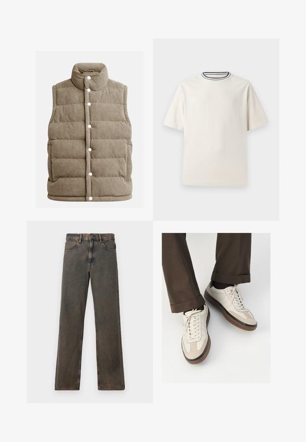 Bežinis švelnūs plačios juostos liemenė, su kvadratiniais raštais, aukšta apykakle, snap užtrauktukais, šoninėmis kišenėmis ir vertikaliu raukšlėtu tekstūru.; Kremo spalvos medvilninė marškinėlių su trumpomis rankovėmis, suapvalintu iškirpimu, puoštu tamsiai mėlynomis ir baltomis juostelėmis. Glotni tekstūra, laisvas sijonas.; Rudai plačiai praskalbtos džinsai su tiesiomis kojomis, priekinėmis kišenėmis, mygtukų uždarymu ir diržo kilpomis, eksponuojami ant baltos fono.; Bežiniai sportbačiai su tekstūruotu zomšinės priekine dalimi, lygiomis odinėmis šoninėmis dalimis ir ruda guminėmis padais. Į komplektą įeina juostelės ir šviesūs siuvimo detalės.